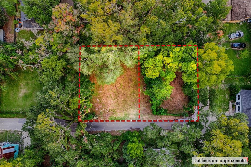 An aerial view shows two adjacent, wooded, undeveloped lots outlined in red along a street — 534 & 580 NW 7TH TERRACE, GAINESVILLE, FL