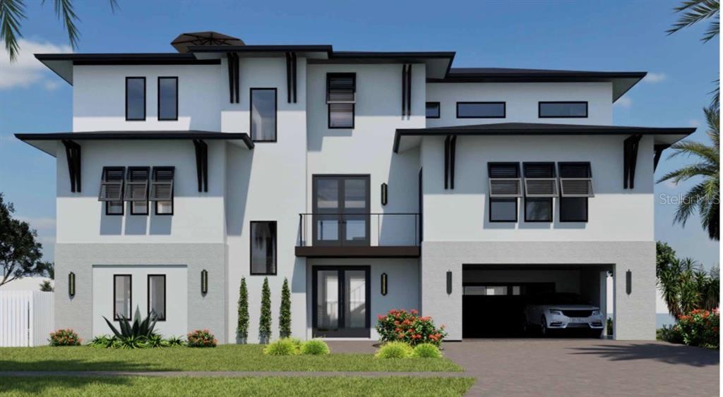 This is a digital rendering of a modern three-story house with a two-car garage — 601 CORDOVA BOULEVARD NE, ST PETERSBURG, FL