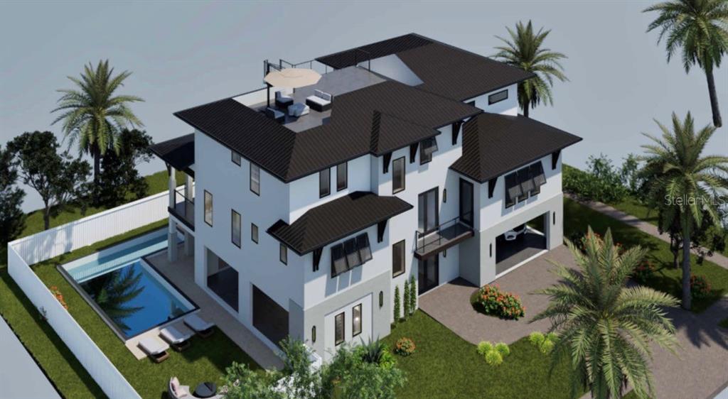 This is a 3D architectural rendering of a modern multi-story house with a rooftop terrace — 601 CORDOVA BOULEVARD NE, ST PETERSBURG, FL