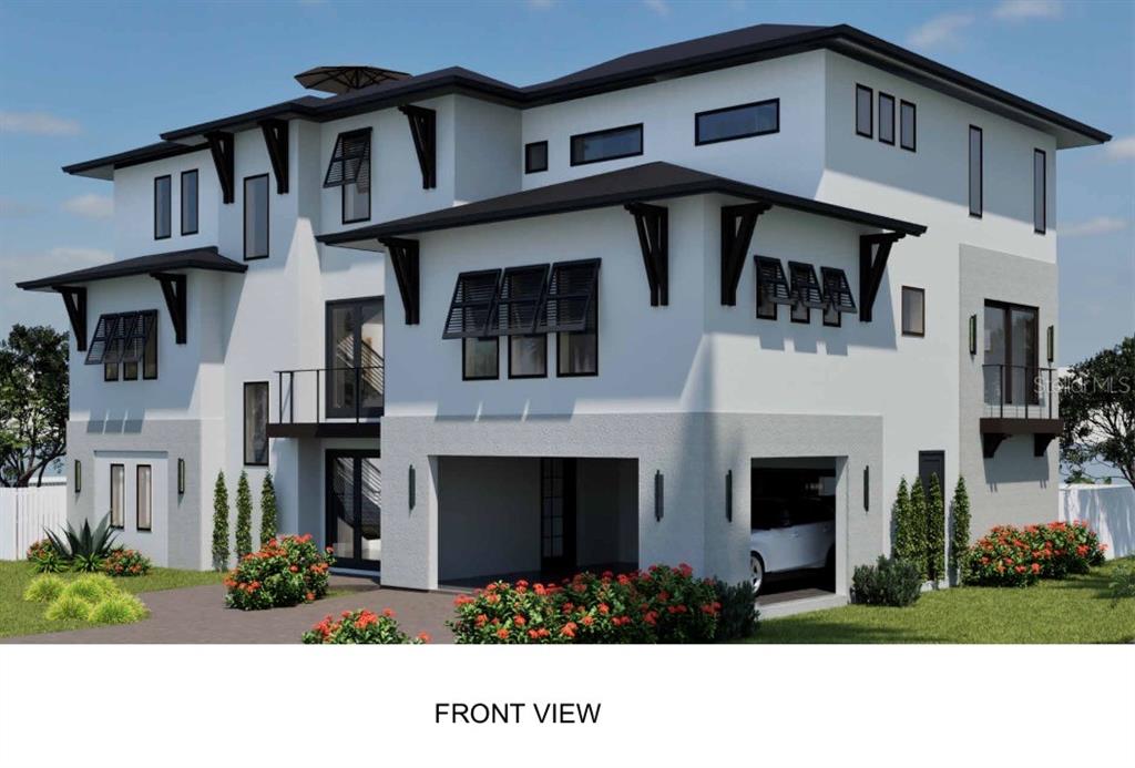 This is a digital architectural rendering of a modern three-story house with a two-car garage — 601 CORDOVA BOULEVARD NE, ST PETERSBURG, FL