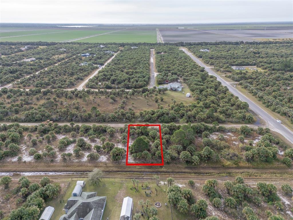 An aerial view shows a rectangular plot of land outlined in red amidst wooded terrain — 757 SANDLEWOOD STREET SW, PALM BAY, FL