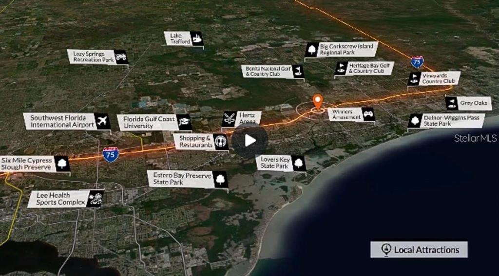 This aerial map shows local attractions and landmarks surrounding a property location in Florida — 27660 KENT ROAD, BONITA SPRINGS, FL