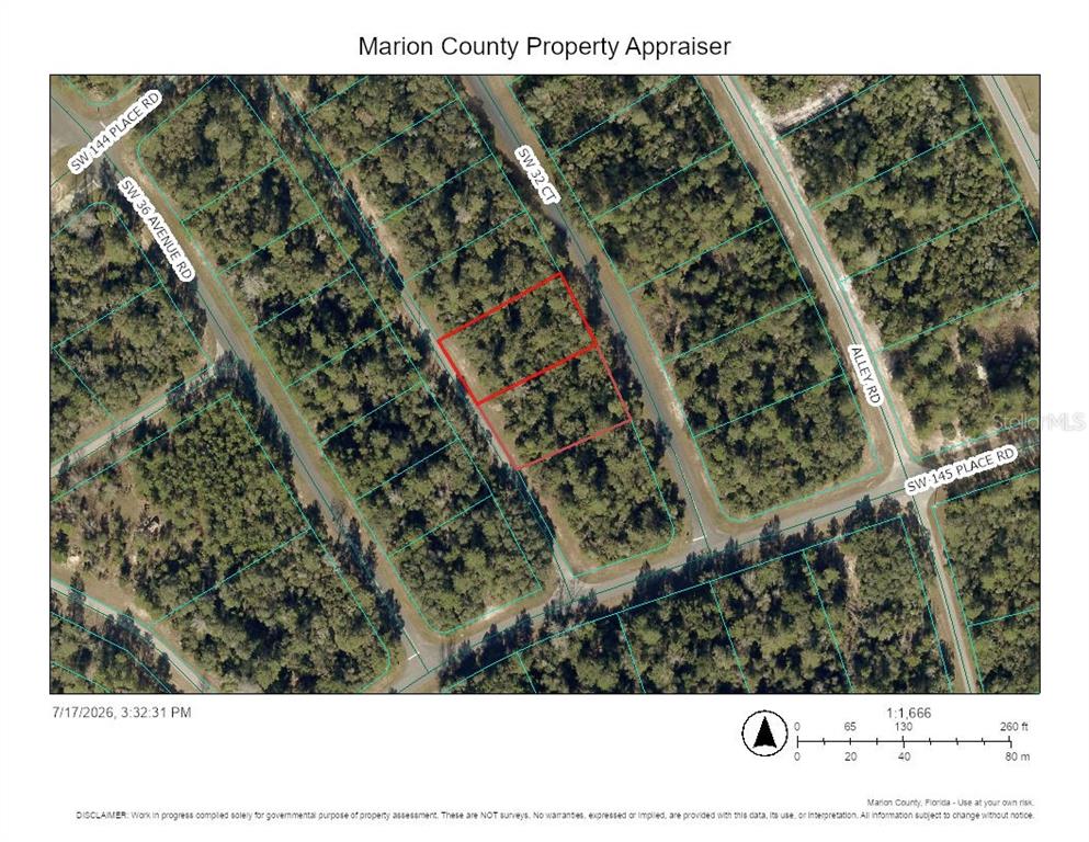 This is a property map showing a rectangular parcel of land outlined in red — 0 SW 32ND COURT, OCALA, FL