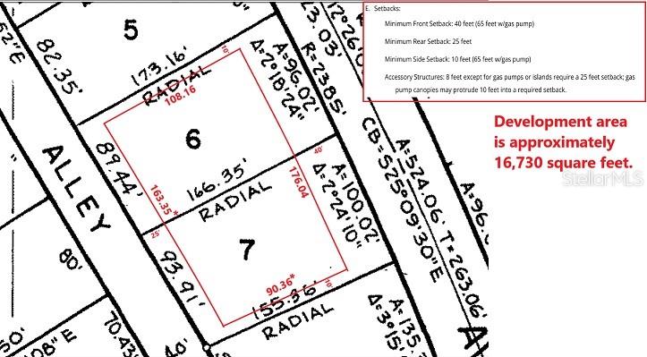 This image is a survey map showing property lines and setback requirements for lots 6 and 7 — 0 SW 32ND COURT, OCALA, FL