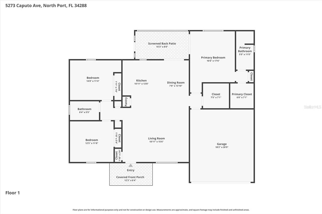 This is a floor plan for a single-story house with a garage and front porch — 5273 CAPUTO AVENUE, NORTH PORT, FL