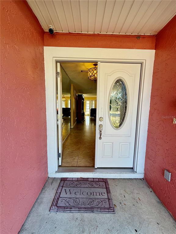 A white front door with an oval glass insert opens into a tiled interior hallway — 8026 JACKSON SPRINGS ROAD, TAMPA, FL