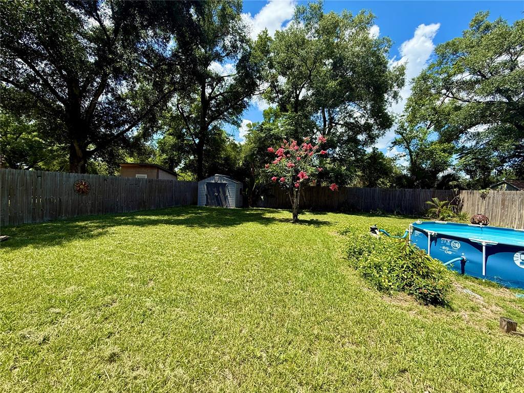 A fenced backyard features a grassy lawn, a storage shed, a tree, and a pool — 5937 UONA AVENUE, ORLANDO, FL