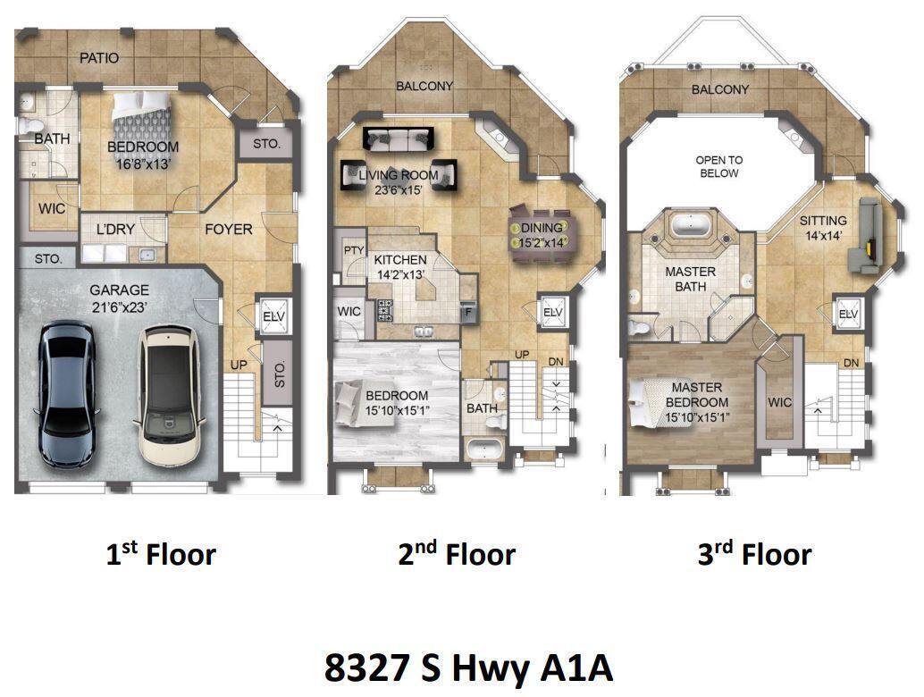 This floor plan shows the layout of three levels, including a garage, bedrooms, and balconies — 8327 S Hwy A1a, Melbourne Beach FL 32951, MELBOURNE BEACH, FL