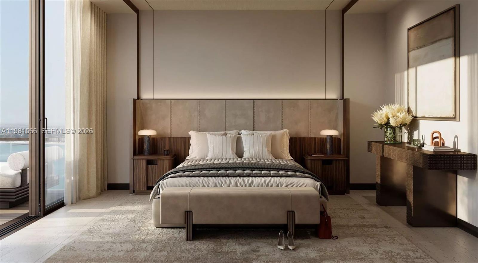 This rendering shows a modern bedroom with a king bed, wood paneling, and a balcony — 1st Mamsha Al Saadiyat # 0, Abu Dhabi, FL