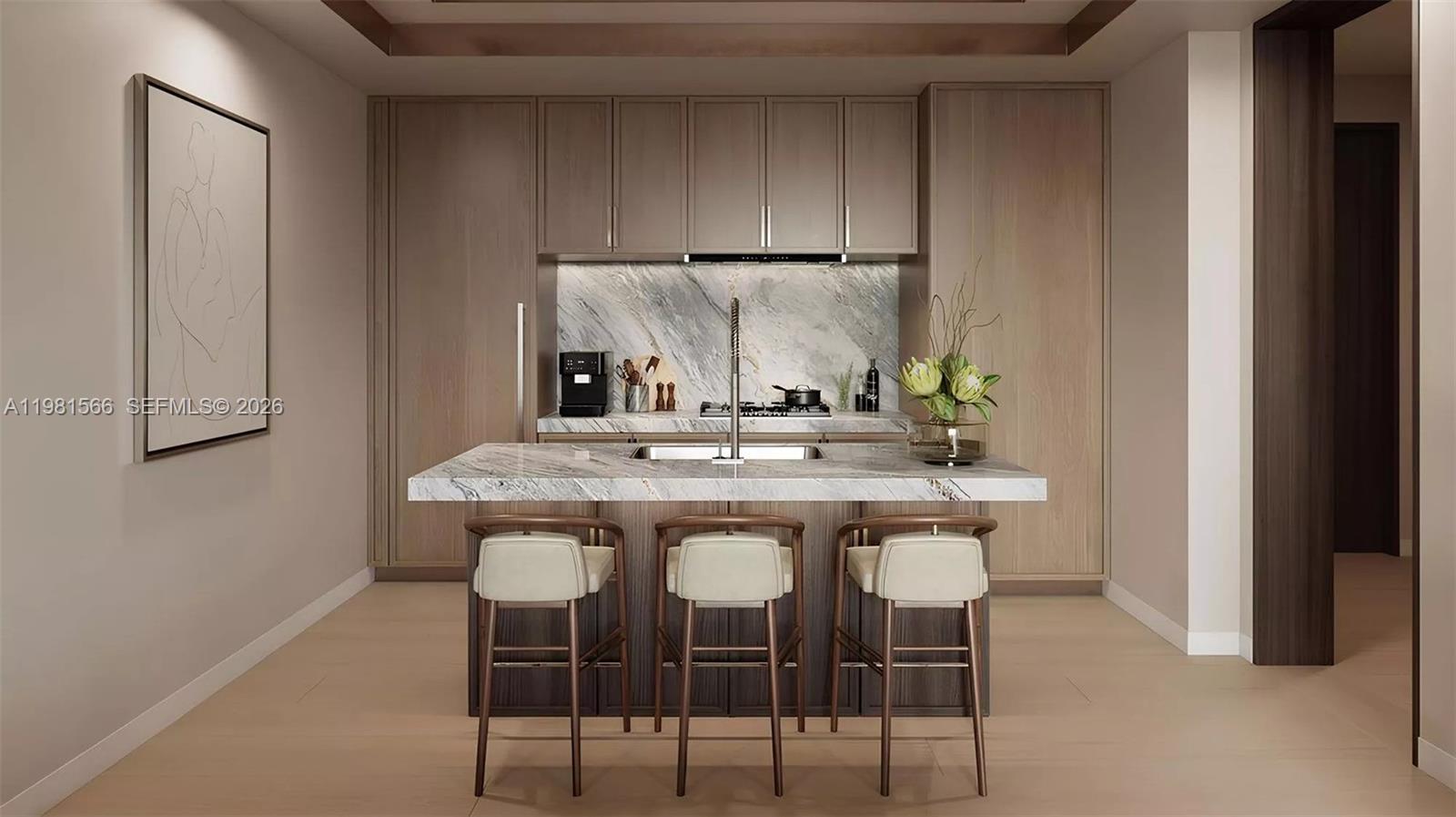 This is a rendering of a modern kitchen featuring a marble island and cabinetry — 1st Mamsha Al Saadiyat # 0, Abu Dhabi, FL