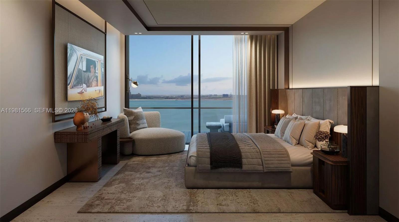 This rendering shows a modern bedroom with a large window overlooking the ocean — 1st Mamsha Al Saadiyat # 0, Abu Dhabi, FL