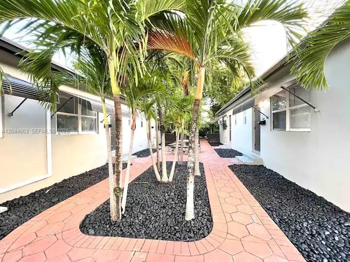 A courtyard features palm trees, black gravel landscaping, and a red brick walkway between buildings — 1925 Dewey St, Hollywood FL 33020, HOLLYWOOD, FL
