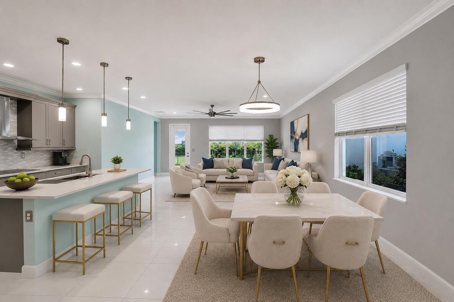 An open-concept kitchen, dining area, and living room featuring light blue walls and neutral furniture — 4206 Rosa Drive, Deerfield Beach FL 33064, DEERFIELD BEACH, FL