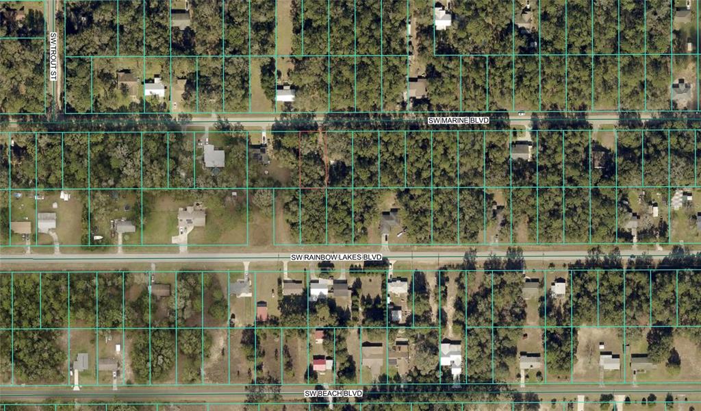 This aerial map shows residential lots and streets in a wooded neighborhood — 20832 SW MARINE BOULEVARD, DUNNELLON, FL