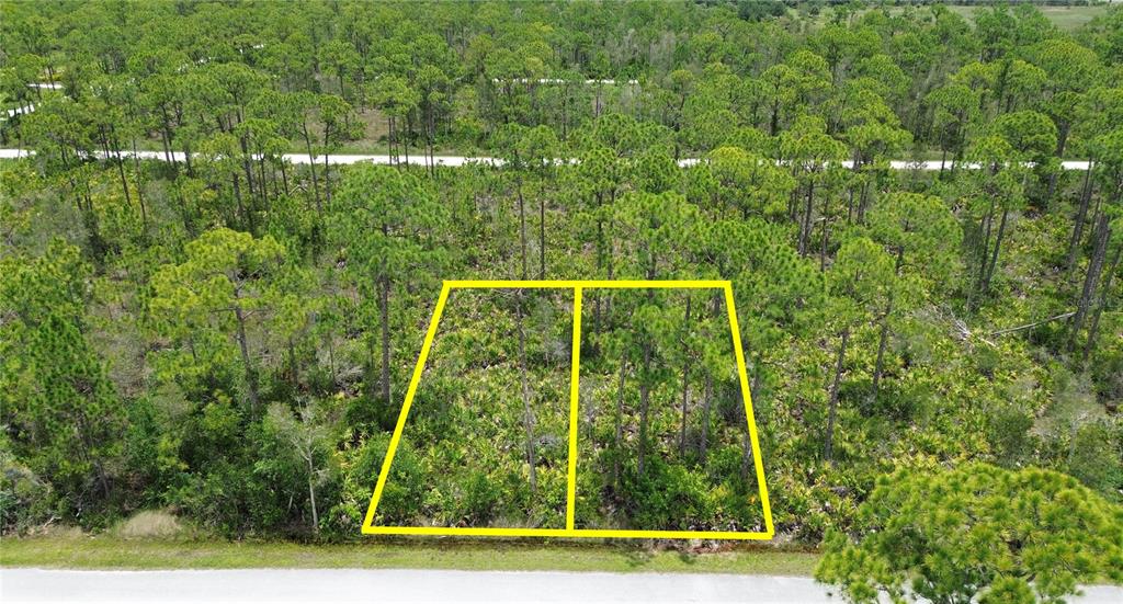 An aerial view shows two adjacent, wooded, undeveloped lots outlined in yellow near a road — 28364 PLATO DRIVE, PUNTA GORDA, FL