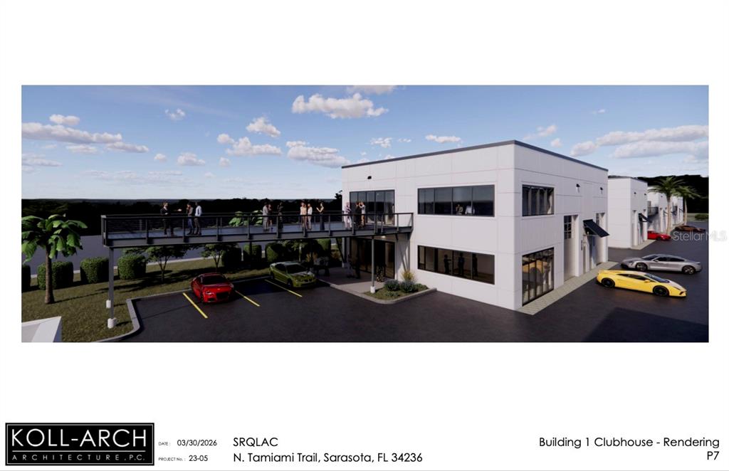 This architectural rendering shows a modern two-story commercial building with an elevated outdoor walkway — 7045 N TAMIAMI TRAIL UNIT 101-, SARASOTA, FL