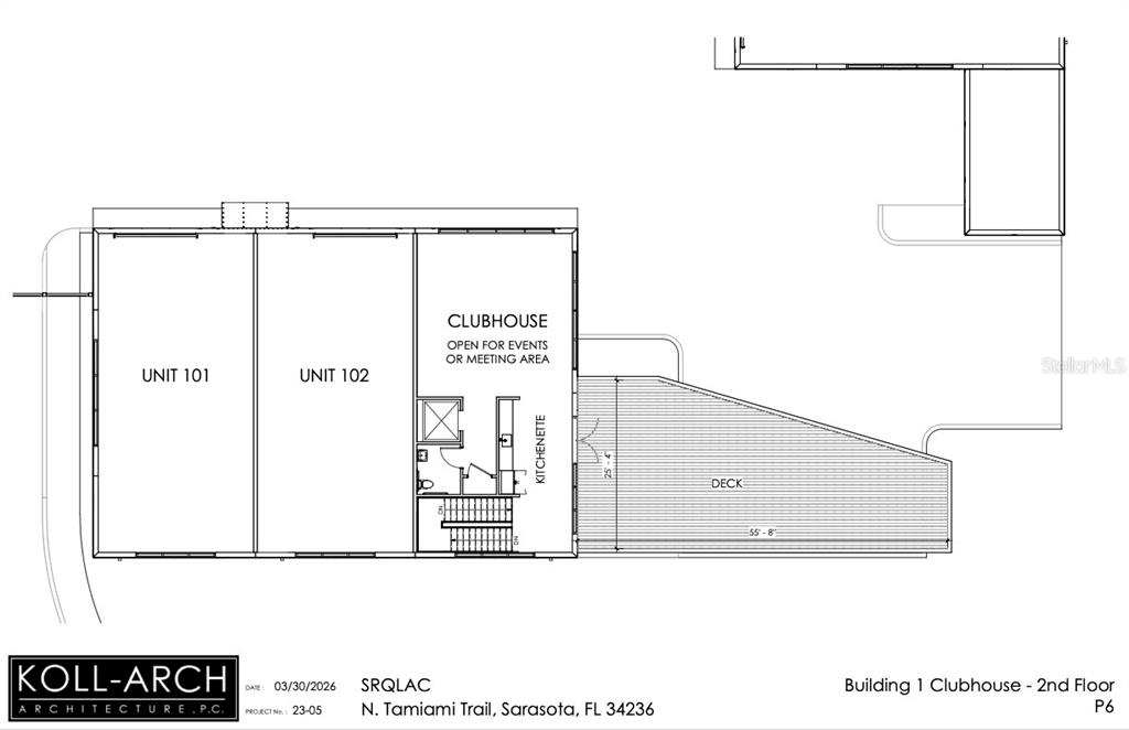 This floor plan shows a clubhouse with a kitchenette, deck, and two adjacent units — 7045 N TAMIAMI TRAIL UNIT 101-, SARASOTA, FL