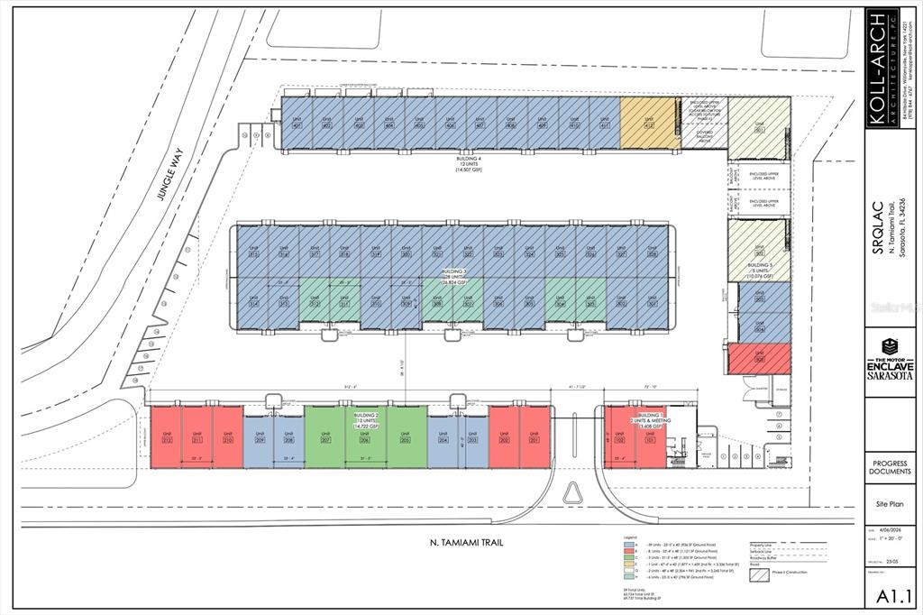 This site plan rendering illustrates the layout of five buildings with associated parking and access — 7045 N TAMIAMI TRAIL UNIT 101-, SARASOTA, FL