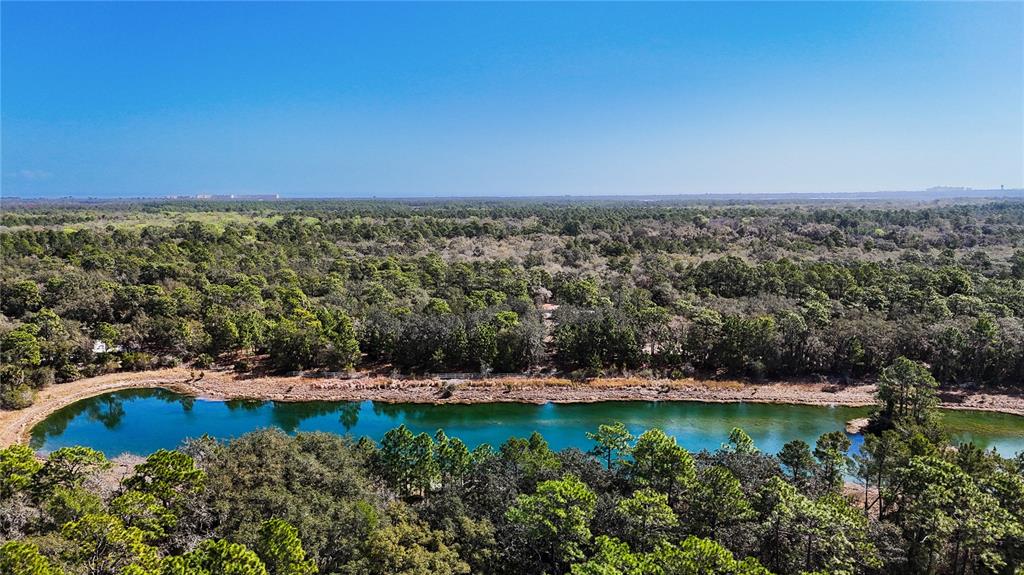An aerial view shows a long, narrow pond surrounded by dense forest under a blue sky — 251 AMBER TRAIL, PALM COAST, FL
