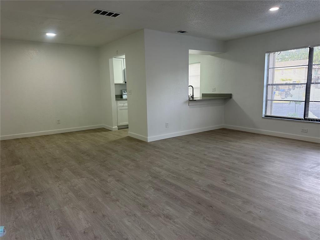 An unfurnished living area features light wood-look flooring, white walls, and a kitchen pass-through window — 8432 CAMDEN STREET UNIT A, TAMPA, FL