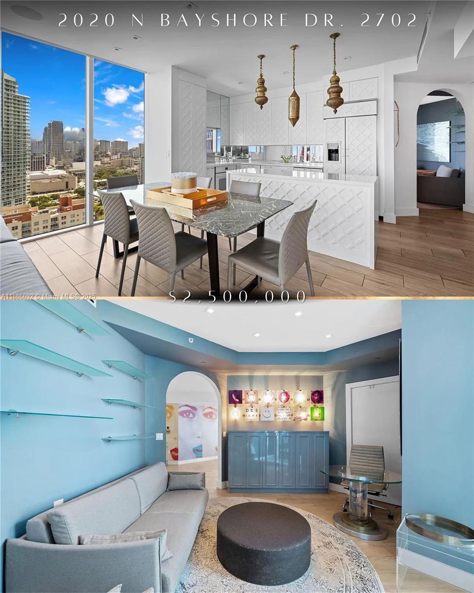 This split image shows a modern kitchen with dining area and a blue-walled living space — 2020 N Bayshore Dr # 2702, Miami FL 33137, MIAMI, FL