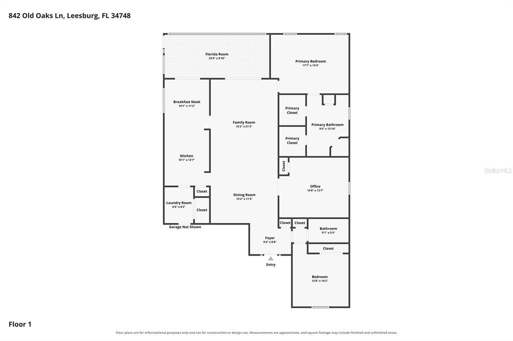 This is a floor plan for a single-story house with multiple bedrooms and living areas — 842 OLD OAKS LANE, LEESBURG, FL
