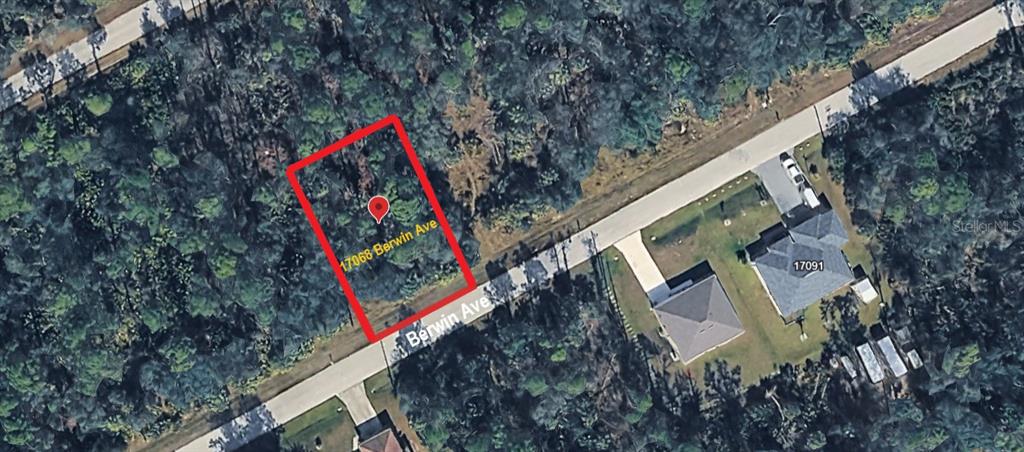 This aerial map shows a vacant, wooded residential lot outlined in red along a road — 17068 BERWIN AVENUE, PORT CHARLOTTE, FL