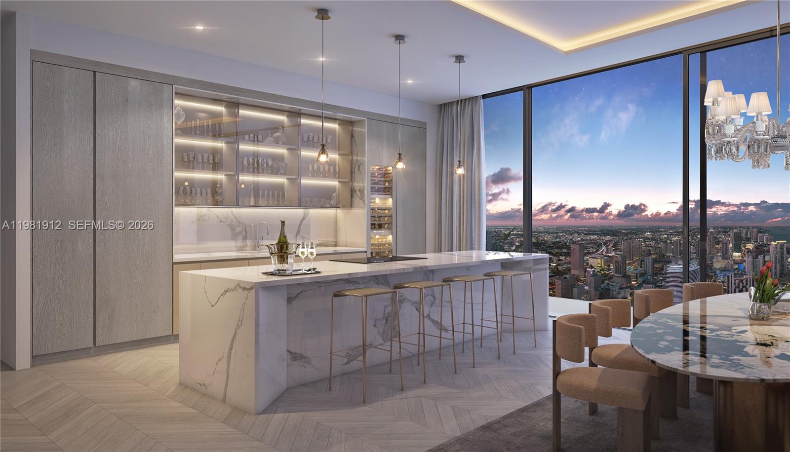 This rendering shows a modern kitchen with a marble island and floor-to-ceiling city views — 99 SE 5th St # 3101, Miami FL 33131, MIAMI, FL