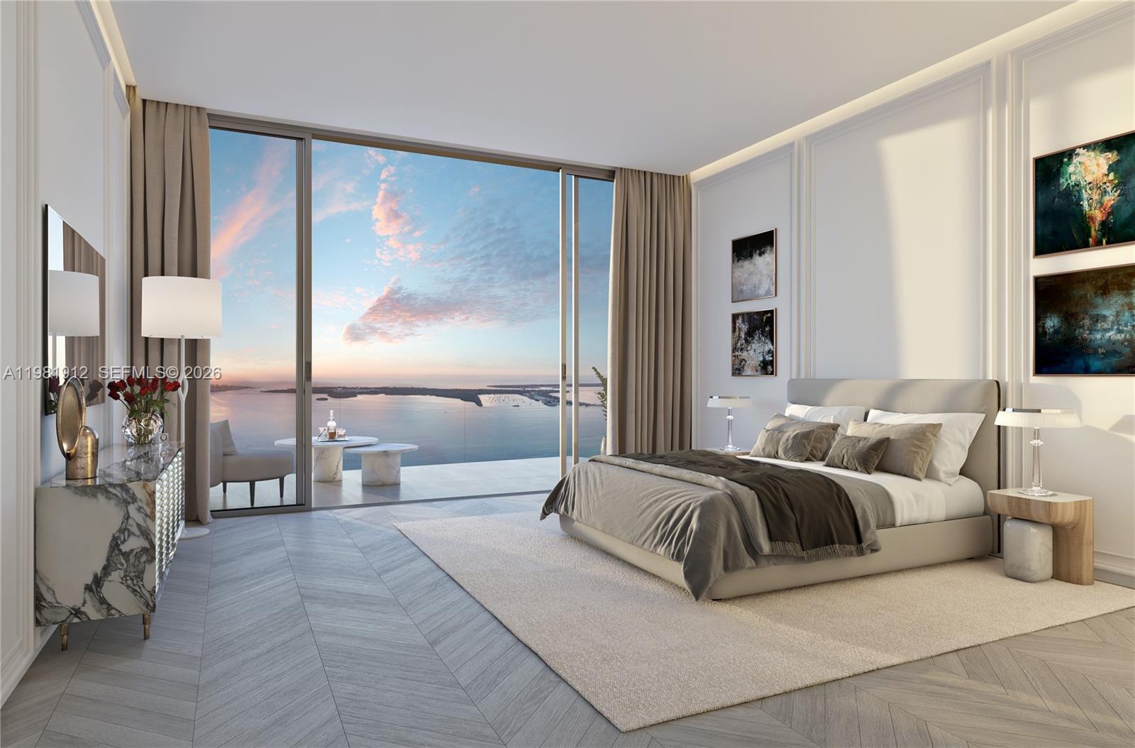 This rendering shows a modern bedroom with a balcony overlooking the ocean at sunset — 99 SE 5th St # 3101, Miami FL 33131, MIAMI, FL