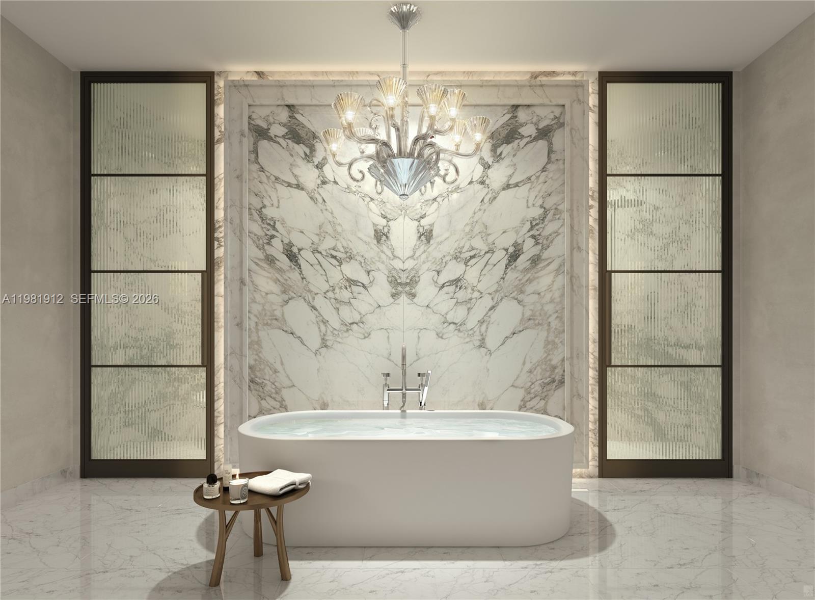 This rendering shows a luxury bathroom featuring a freestanding tub against a marble accent wall — 99 SE 5th St # 3101, Miami FL 33131, MIAMI, FL