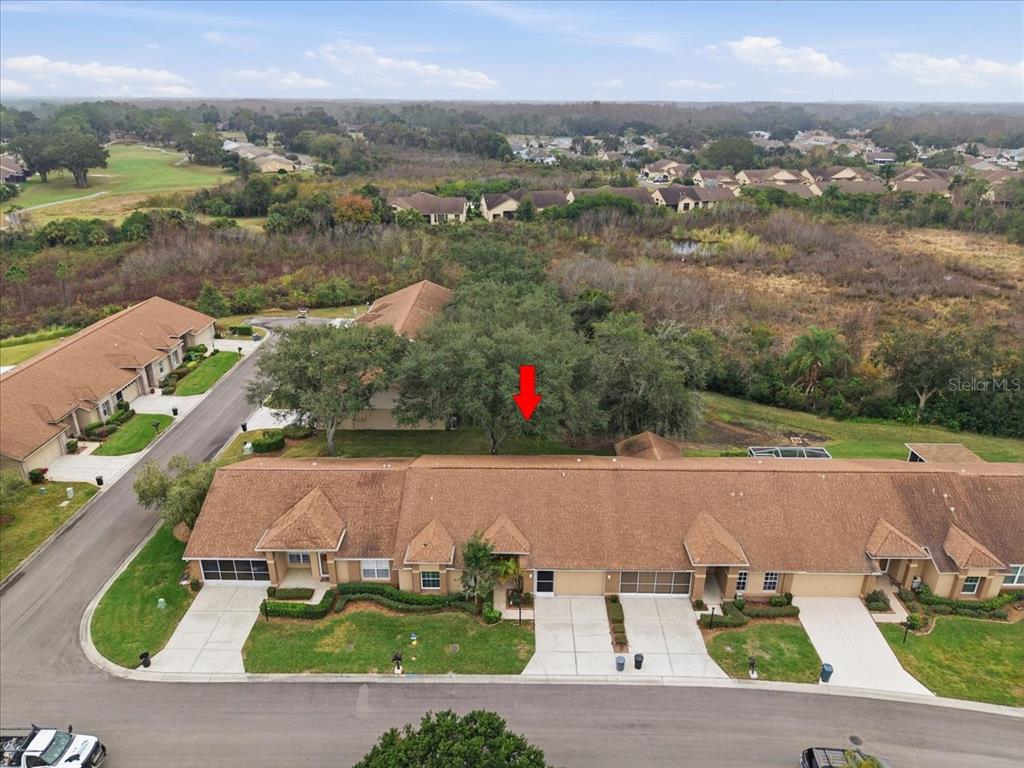 An aerial view shows a residential townhouse complex with a red arrow pointing toward trees — 9338 CLEARMEADOW LANE, NEW PORT RICHEY, FL