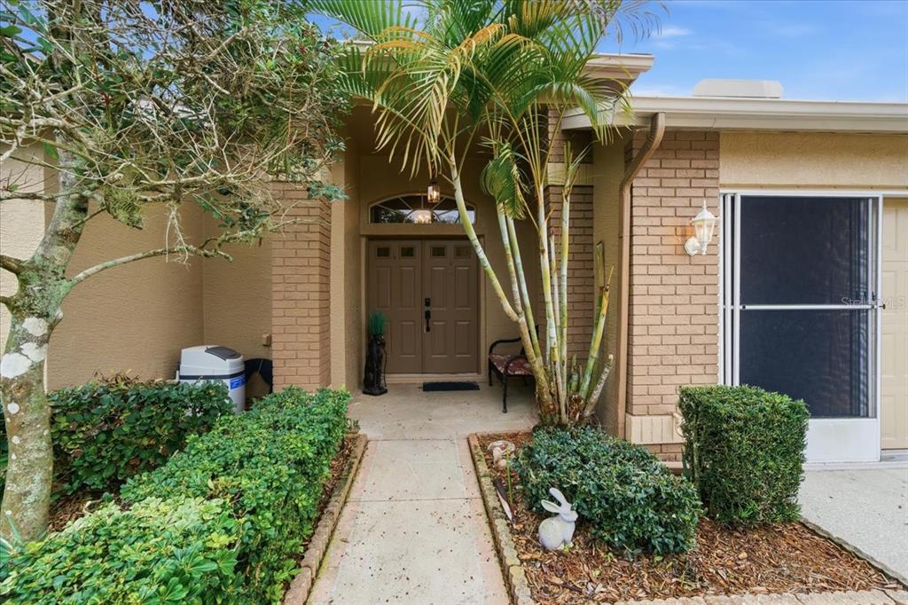 A front entryway features a double door, a palm tree, and a brick-accented exterior — 9338 CLEARMEADOW LANE, NEW PORT RICHEY, FL