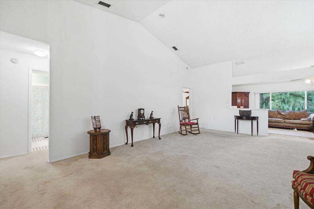 A spacious living room features high vaulted ceilings, beige carpeting, and a large window view — 9338 CLEARMEADOW LANE, NEW PORT RICHEY, FL