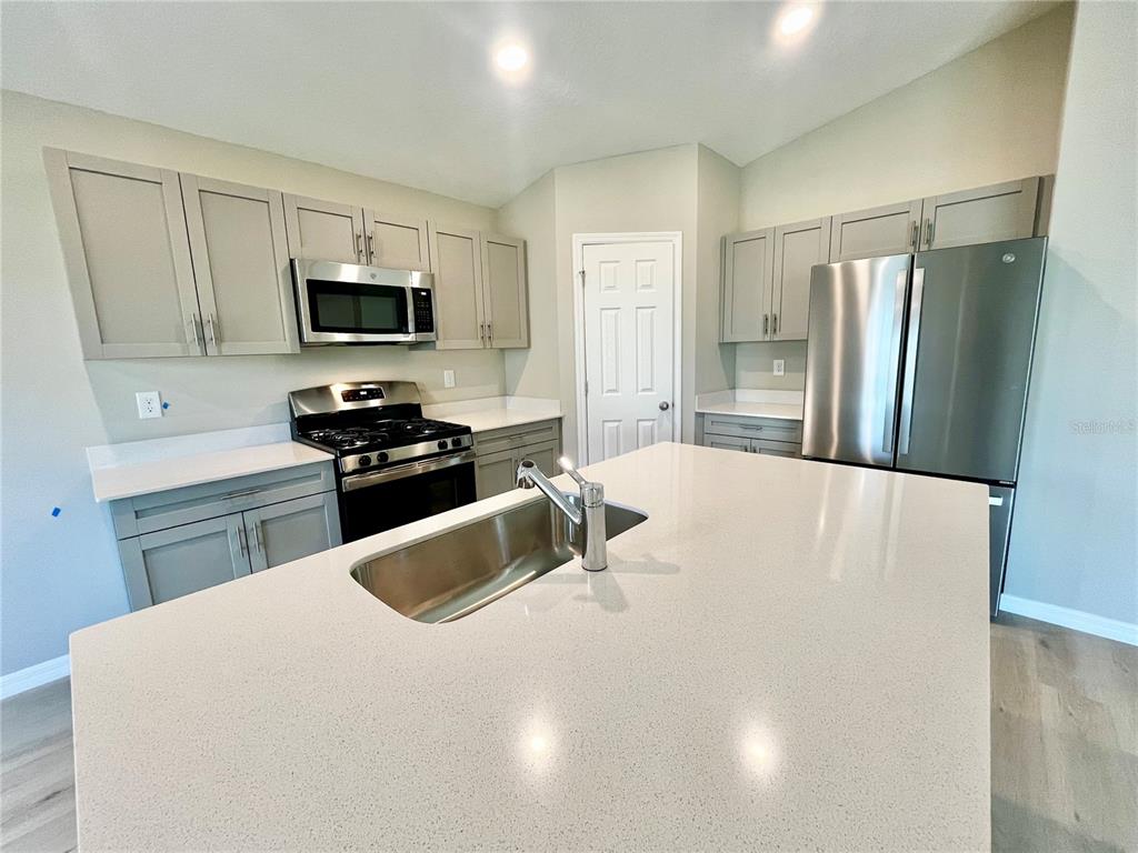 A kitchen features gray cabinets, stainless steel appliances, and a large white quartz island — 14664 GALLOP RUN DRIVE, LITHIA, FL