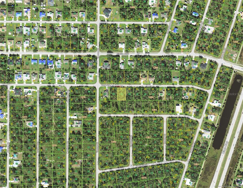 This is an aerial map showing residential lots and streets in a suburban neighborhood — 23153 TROY AVENUE, PUNTA GORDA, FL