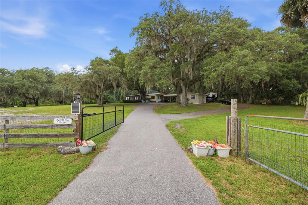 A paved driveway leads through an open gate toward a house shaded by large oak trees — 7663 CR 247, LAKE PANASOFFKEE, FL