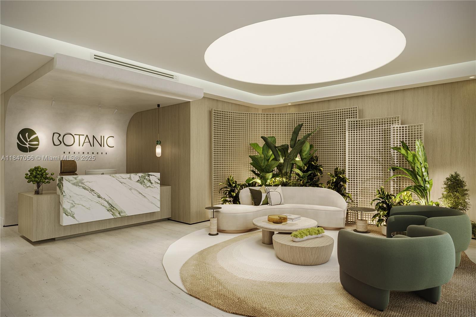 This rendering shows a modern lobby with a marble reception desk, curved sofa, and plants — 758 NW 2nd St # 606, Miami FL 33128, MIAMI, FL