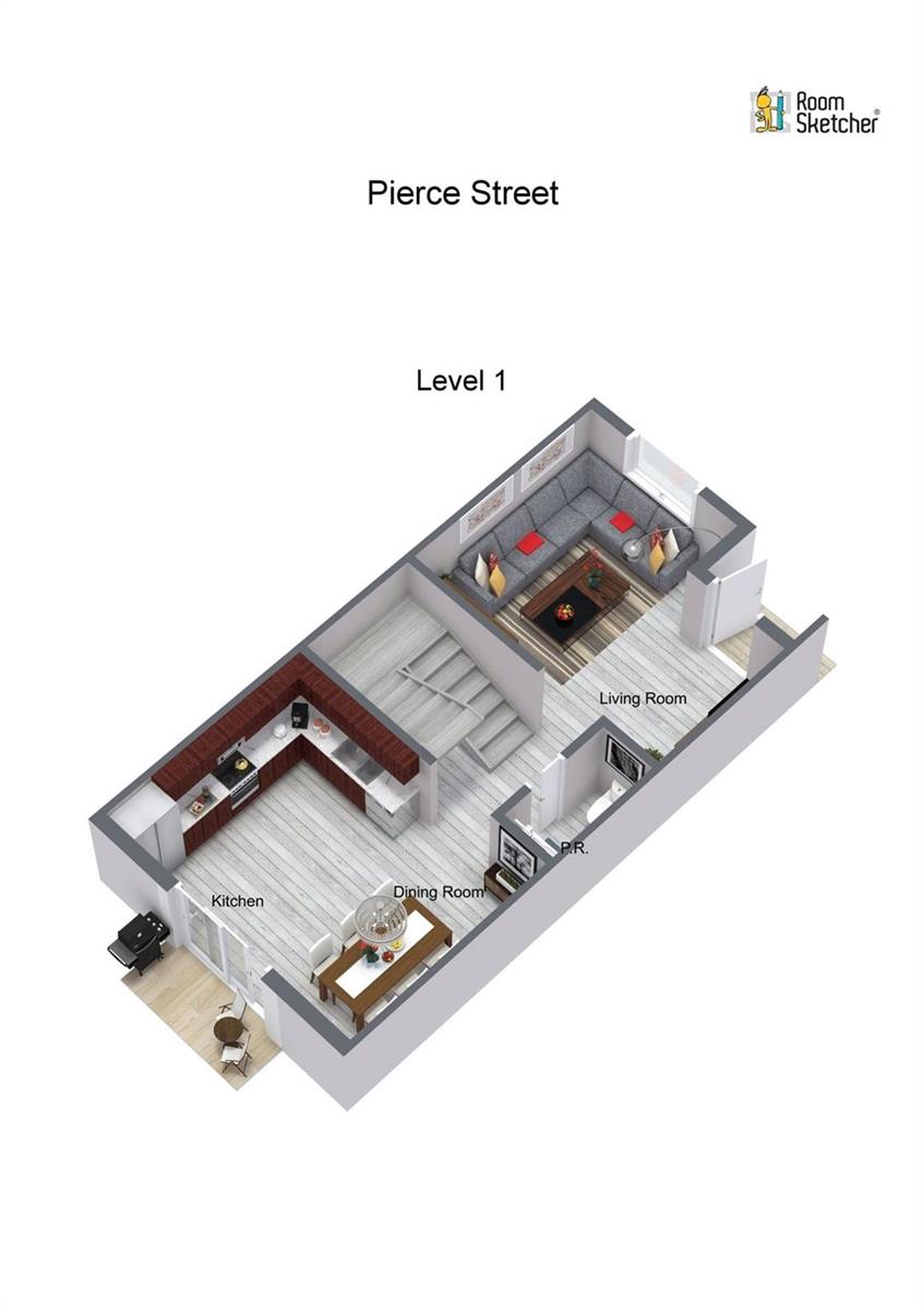 This is a 3D floor plan rendering of a home's main level with open-concept living — Pierce Street, Hollywood FL 33020, HOLLYWOOD, FL