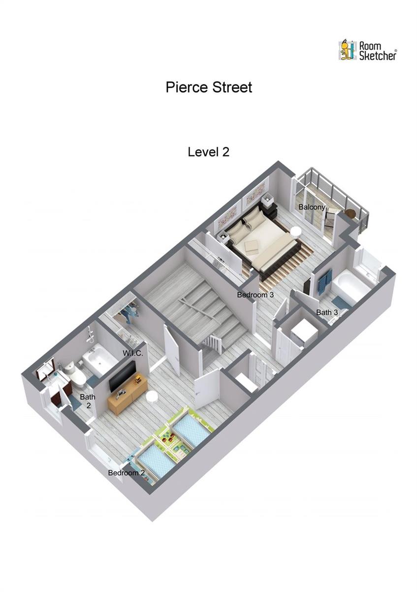 This is a 3D floor plan rendering of a residential level featuring two bedrooms and bathrooms — Pierce Street, Hollywood FL 33020, HOLLYWOOD, FL