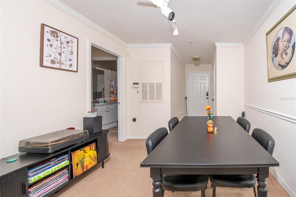 A dining room features a black table with chairs, a record console, and carpeted flooring — 18001 RICHMOND PLACE DRIVE UNIT 1137, TAMPA, FL