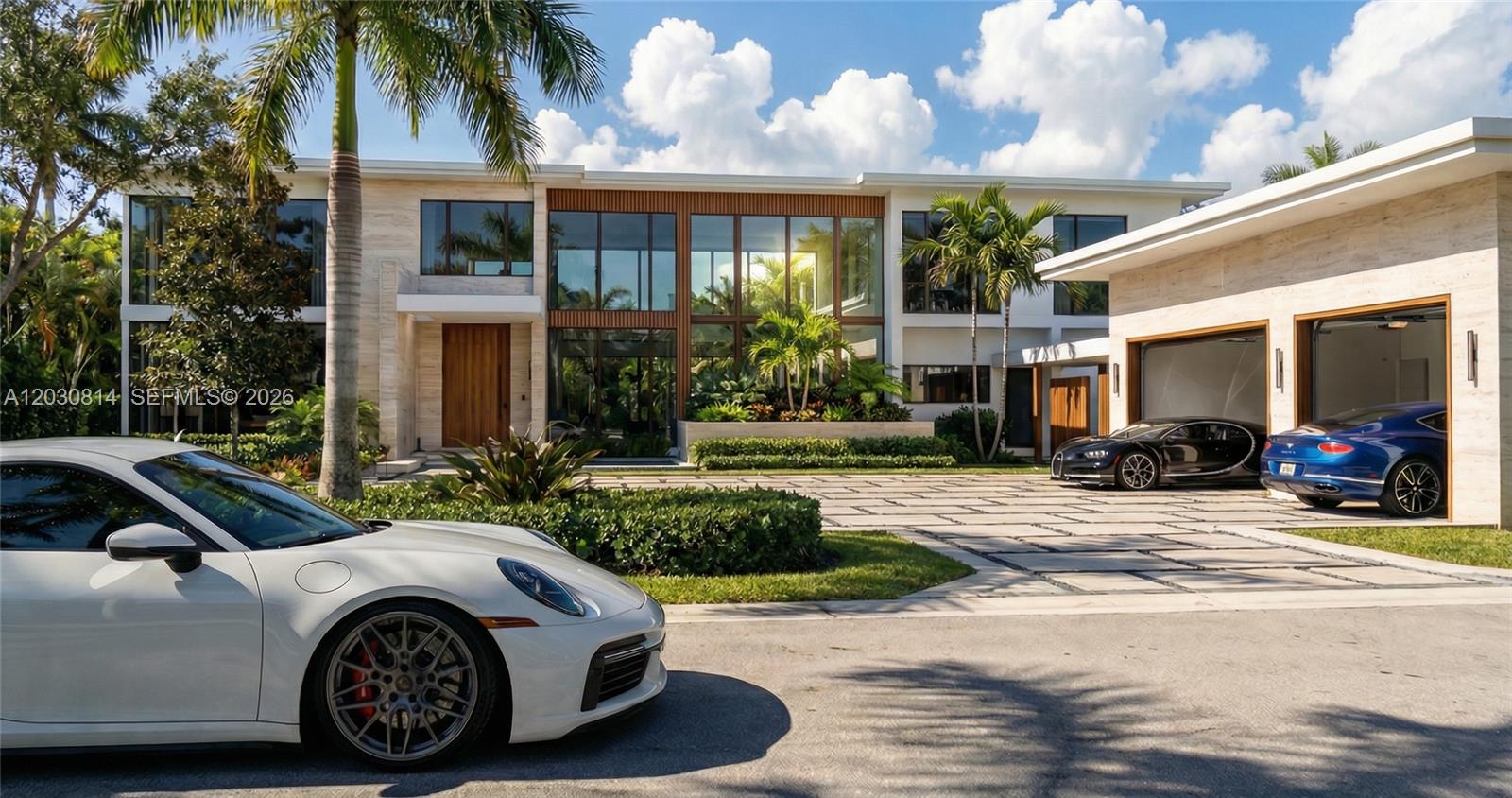 A modern two-story house with a paved driveway, palm trees, and three luxury sports cars — 6100 W Suburban Dr, Pinecrest FL 33156, PINECREST, FL