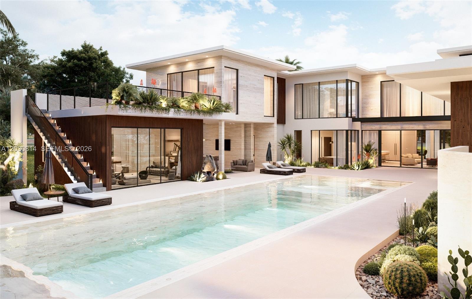 This is a rendering of a modern luxury home exterior with a pool and staircase — 6100 W Suburban Dr, Pinecrest FL 33156, PINECREST, FL