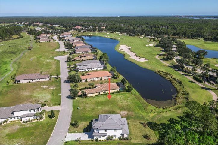 An aerial view shows a residential street, a golf course, a lake, and houses — 339 HIBISCUS WAY, PALM COAST, FL