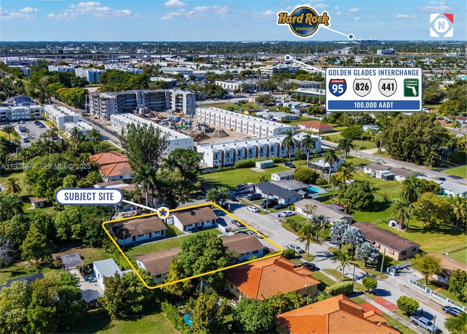 An aerial view shows a residential property outlined in yellow with multiple single-story buildings — 60 NW 161st St, Miami FL 33169, MIAMI, FL