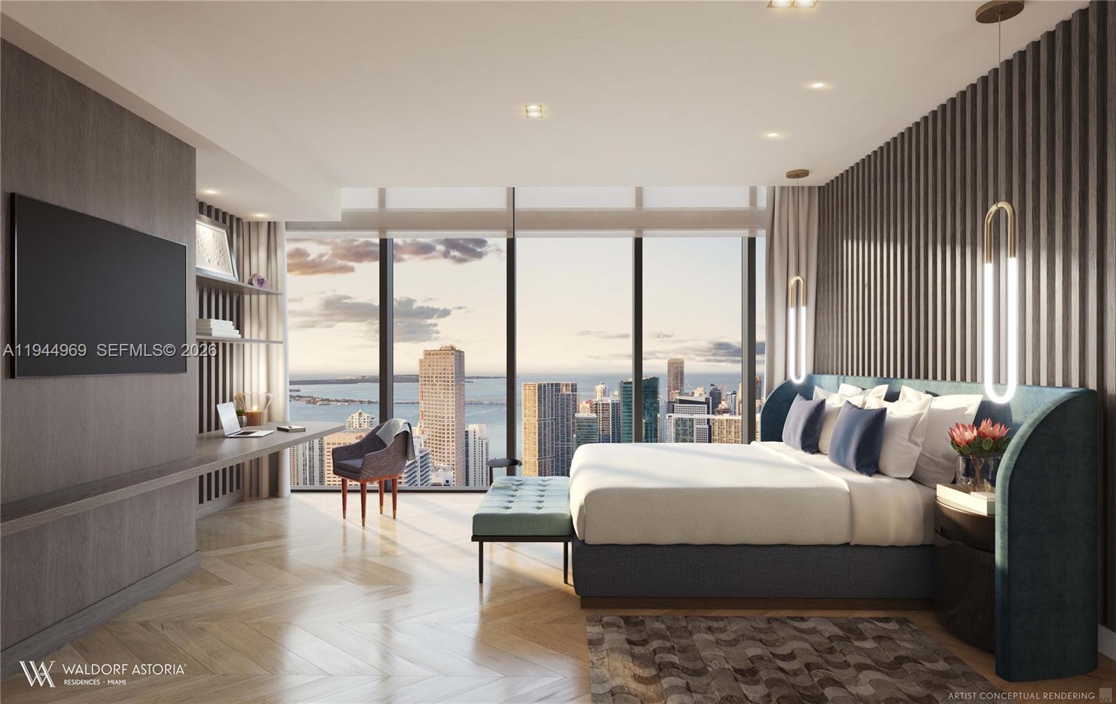 This rendering shows a modern bedroom with floor-to-ceiling windows overlooking a city skyline and water — 249 NE 3 ST # 6101, Miami FL 33132, MIAMI, FL