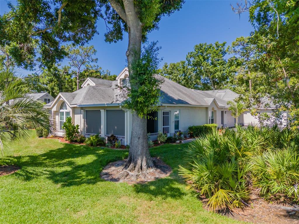 A single-story house with a screened-in porch, surrounded by trees and lush landscaping — 911 GOLFVIEW WOODS DRIVE, SUN CITY CENTER, FL