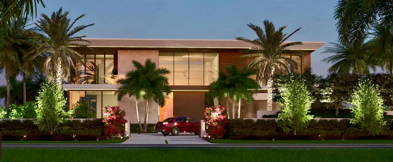 A rendering of a modern two-story luxury home with palm trees and a red car — 3060 S Ocean Boulevard, Manalapan FL 33462, MANALAPAN, FL