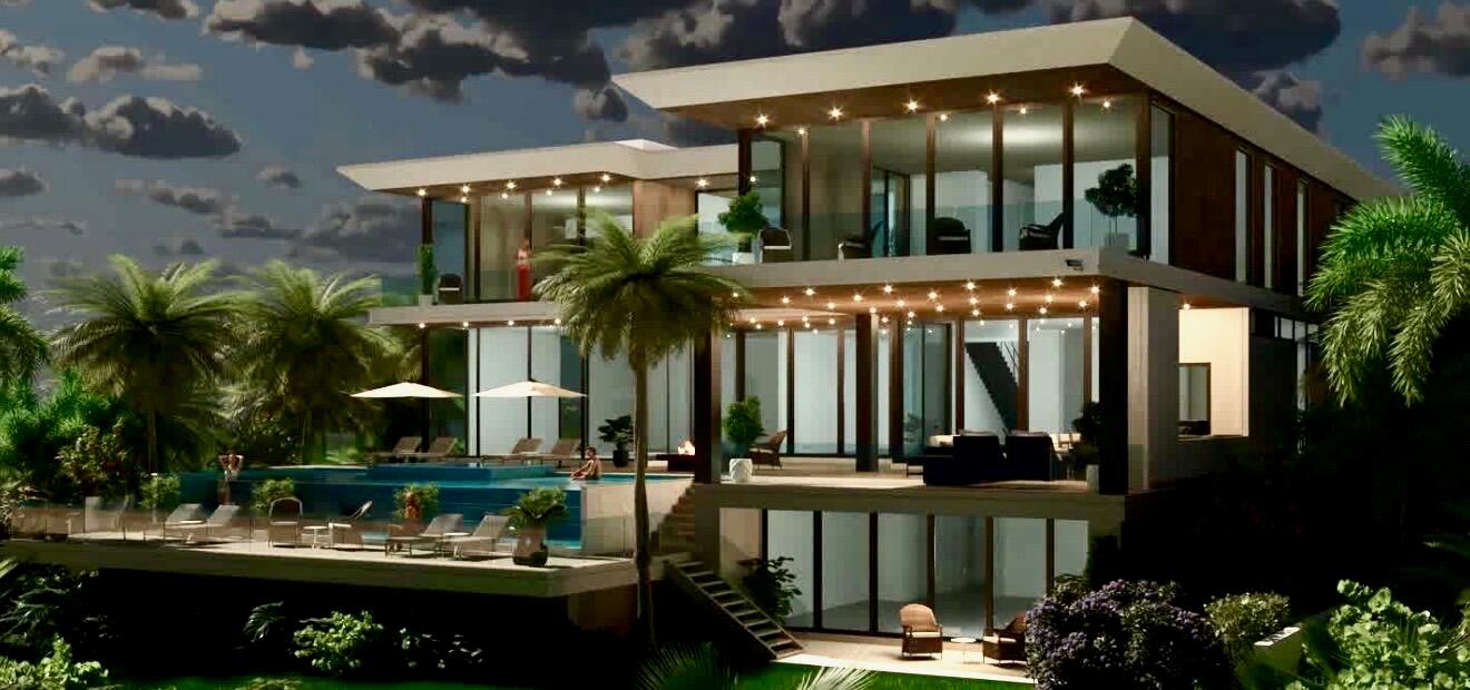 A digital rendering of a modern multi-story luxury villa featuring a pool and glass walls — 3060 S Ocean Boulevard, Manalapan FL 33462, MANALAPAN, FL