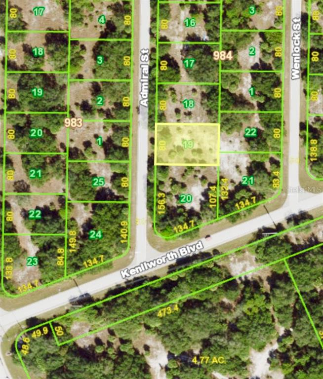 This is a satellite map showing property lot lines and parcel numbers in a residential area — 474 ADMIRAL STREET, PORT CHARLOTTE, FL