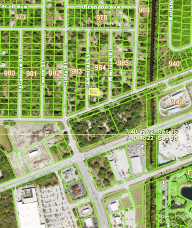 This is a map showing a highlighted vacant lot within a residential neighborhood — 474 ADMIRAL STREET, PORT CHARLOTTE, FL